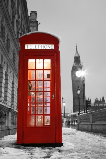 London - Big Ben and Telephone Booth - Snowy Evening