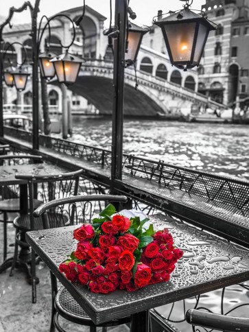 Assaf Frank - Bunch of red roses on street cafe table-Rialto Bridge-Venice-Italy