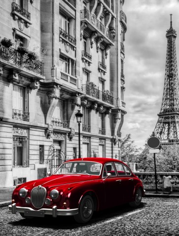 Vlad Kamir - Vintage Red Car Eiffel Tower in Back  