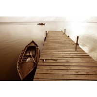 Horace Harper - Wooden Landing Jetty With Boat on Tropical Beach - Sepia