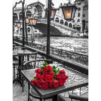 Assaf Frank - Bunch of red roses on street cafe table-Rialto Bridge-Venice-Italy