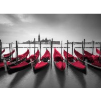 Assaf Frank - Bunch of Roses and umbrella on pier with gondolas moored in canal, Venice, Italy