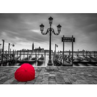 Assaf Frank - Heart shaped umbrella next to lamp post at Gondola hiring point, Venice, Italy