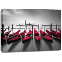 Assaf Frank - Bunch of Roses and umbrella on pier with gondolas moored in canal, Venice, Italy