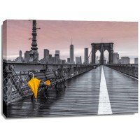 Assaf Frank - Yellow umbrella and bunch of roses on bench on pedestrian pathway, Brooklyn bridge, New York