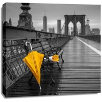 Assaf Frank - Yellow umbrella and bunch of roses on bench on pedestrian pathway, Brooklyn bridge, New York