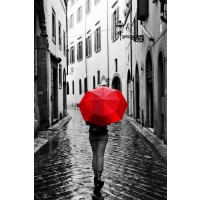 Lindy Baldo - Woman With Red Umbrella On Resto Street  