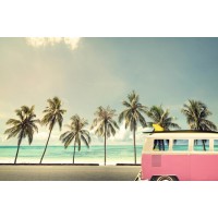 Vintage Car On The Beach With a Surfbord  