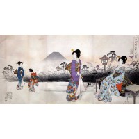 Toyohara - Japonaises en promenade devant le mont Fuji